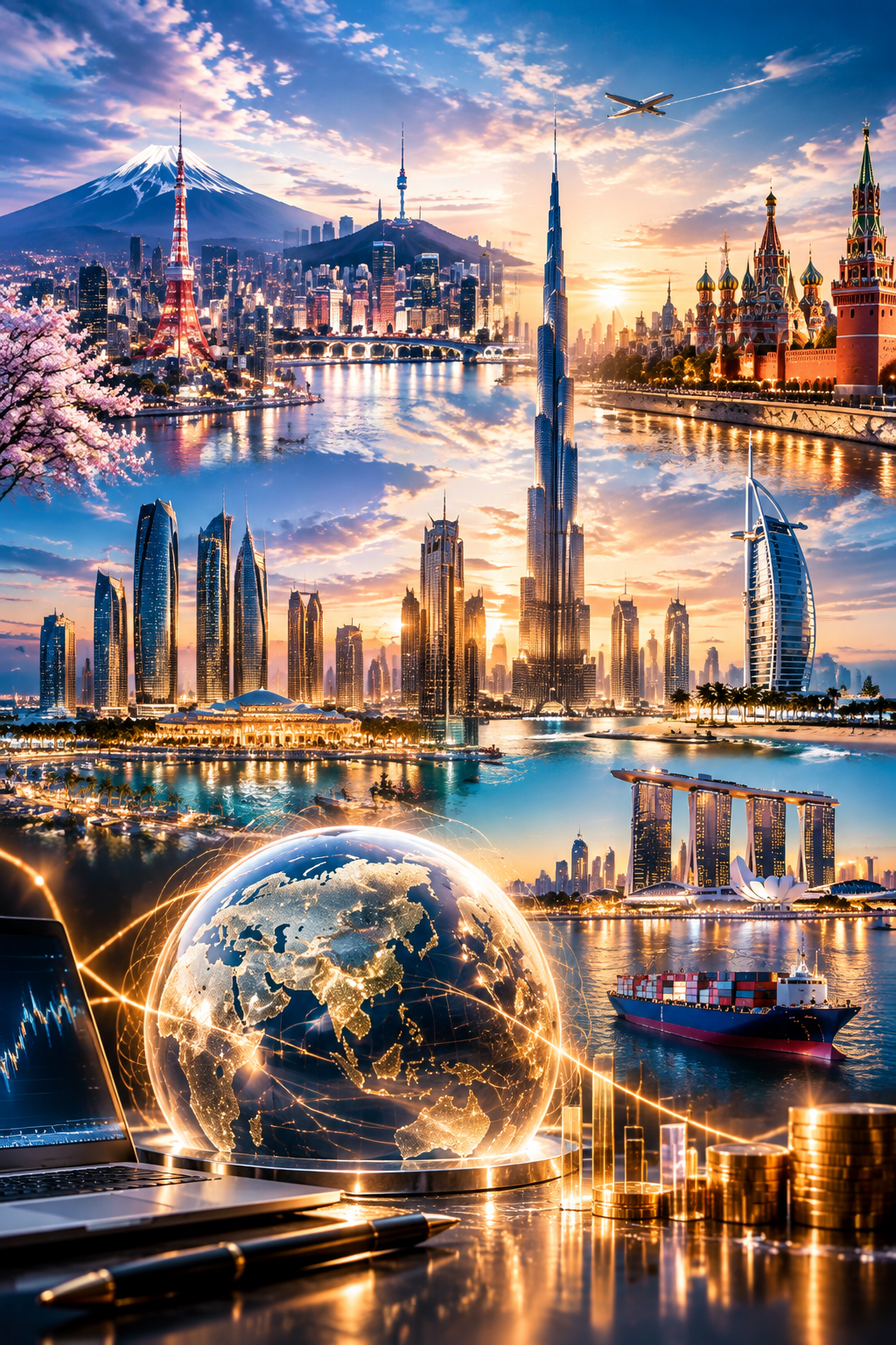 Landmarks of Tokyo, Seoul, Moscow, Dubai and Singapore around a financial globe